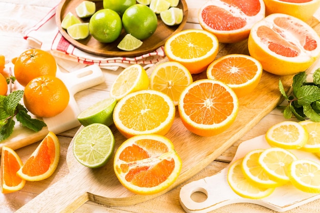 Variety of citrus fruit including lemons, lines, grapefruits and oranges.