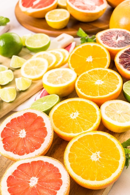 Variety of citrus fruit including lemons, lines, grapefruits and oranges.