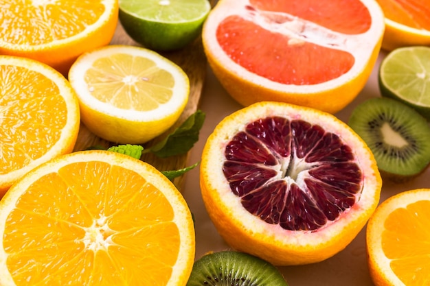 Variety of citrus fruit including lemons, lines, grapefruits and oranges.