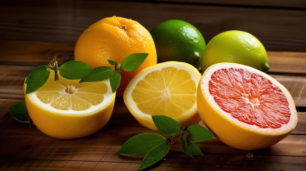 A variety of citrus fruits are on a wooden table.