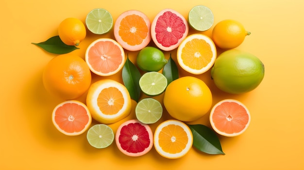 A variety of citrus fruits on a yellow background