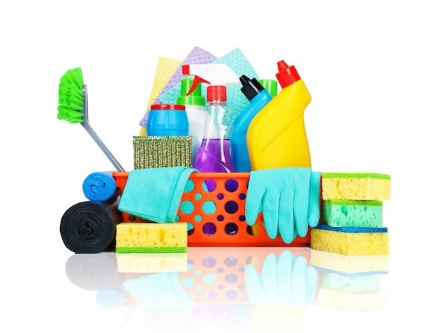 Variety of cleaning supplies in a basket