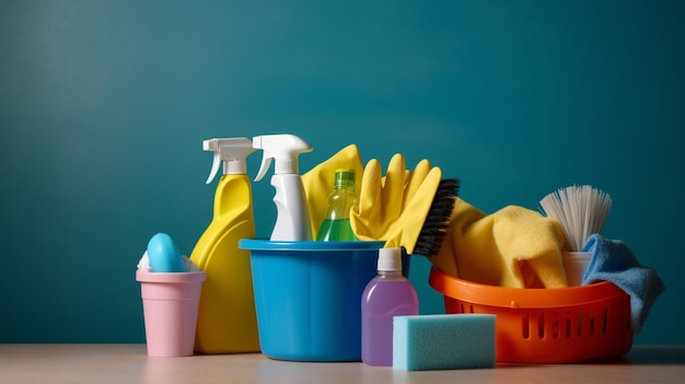 A variety of cleaning supplies including cleaning supplies, gloves, and cleaning supplies.