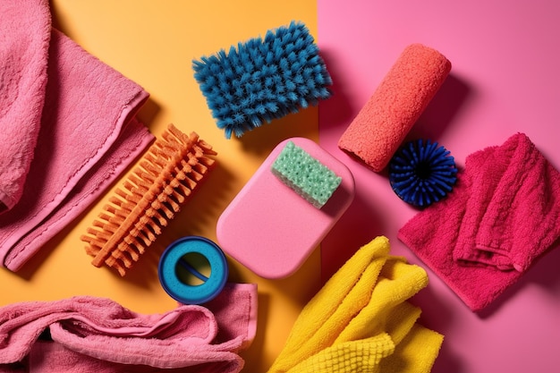 A variety of cleaning tools including a sponge, a rubber band, a rubber band, a rubber band, a rubber band, a rubber band, a rubber band, a rubber band, a