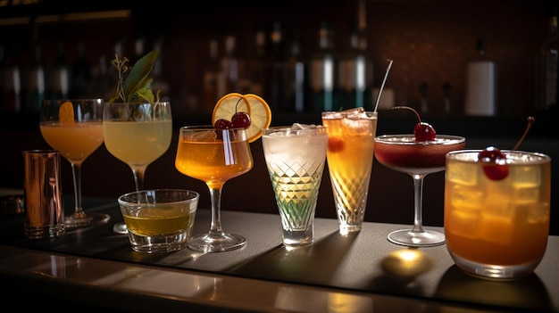 A variety of cocktails are displayed on the restaurant's counter bar Generative AI