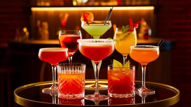 a variety of cocktails are lined up on a bar