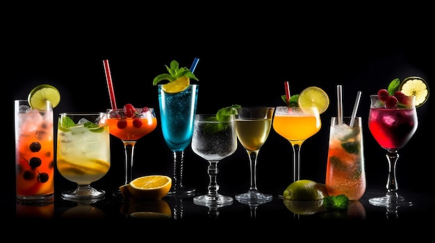 A variety of cocktails are lined up on a black background.