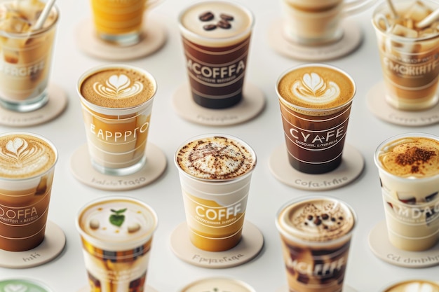 Photo variety of coffee beverages displayed on a table