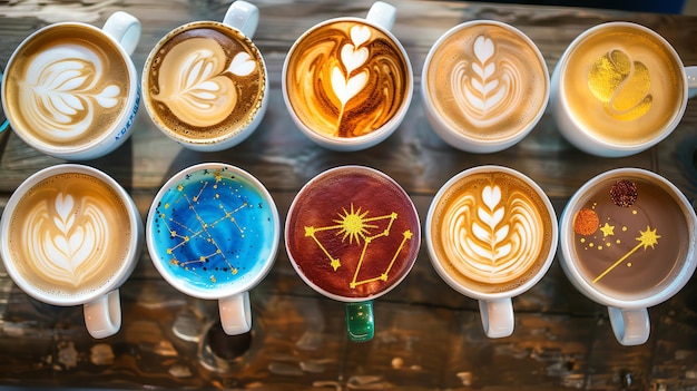 Photo a variety of coffee drinks with unique designs on the foam