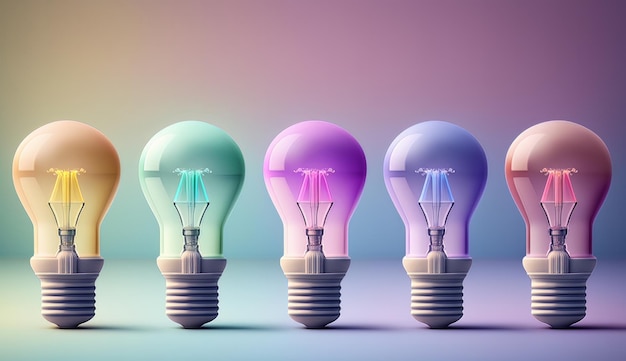 A variety of colored light bulbs in a row each on a pastel background