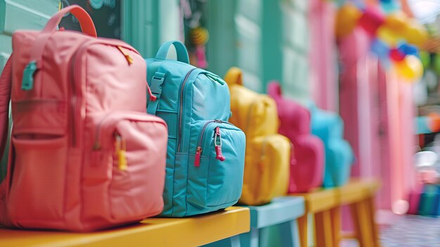 variety of colorful backpacks on a shelf