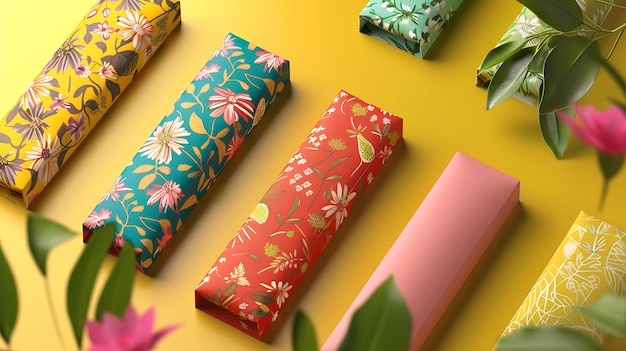 A variety of colorful and beautifully designed gift boxes with floral patterns on a bright yellow background