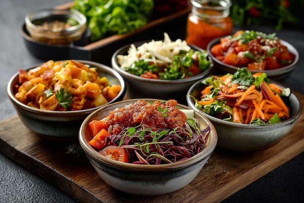 A variety of colorful bowls filled with different types of food including beans