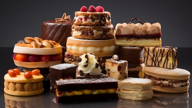 Variety of colorful cakes on black background