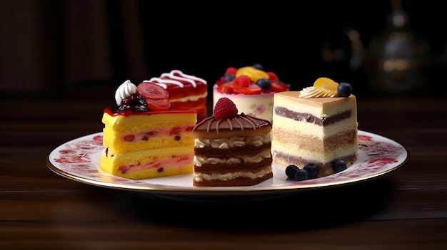 Variety of colorful cakes on a white plate