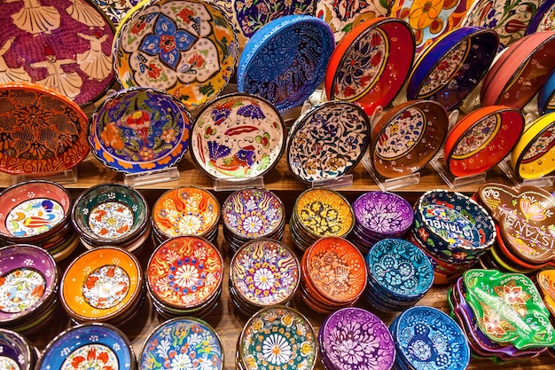 Variety of colorful ceramic plates sold in the Grand Bazaar market in Istanbul, Turkey