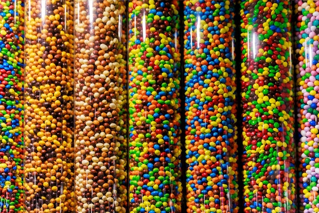 Variety of colorful chocolate candy The MMs store in Manhattan