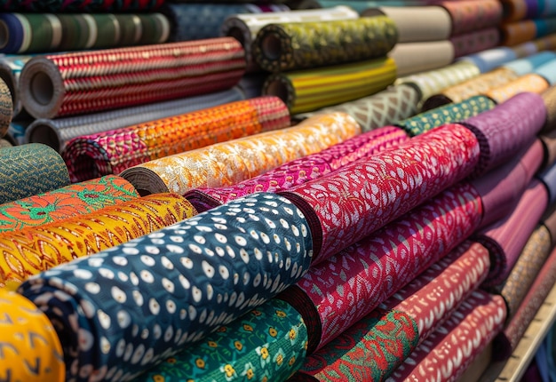 a variety of colorful fabrics are stacked on top of each other