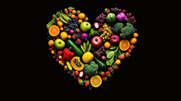 a variety of colorful fruits and vegetables forming a heart shape