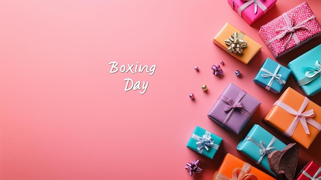 A variety of colorful gift boxes are arranged on a bright background for Boxing Day festivities