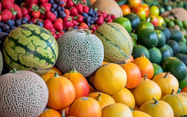 Variety of colorful melons for sale at local farmers market