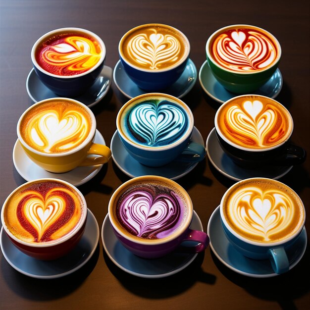 Photo a variety of colorful mugs with heart shapes on them