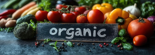 A variety of colorful organic vegetables surrounding a chalkboard stating organic prominently