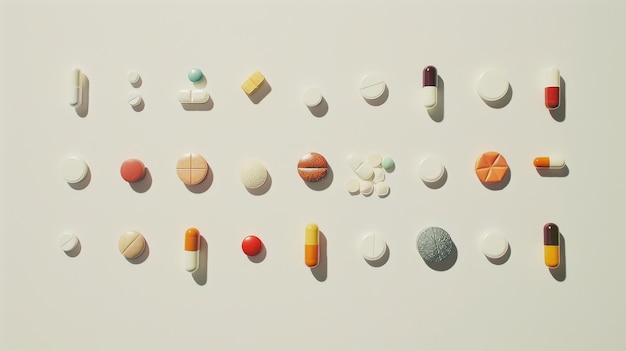 Photo a variety of colorful pills and capsules are neatly arranged in rows against a clean white background showcasing diversity in shapes and colors