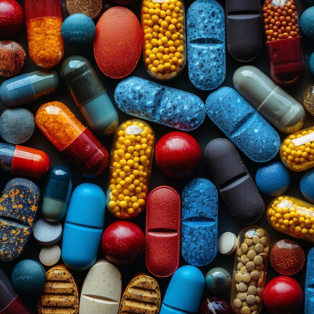 Variety of colorful pills and capsules top view