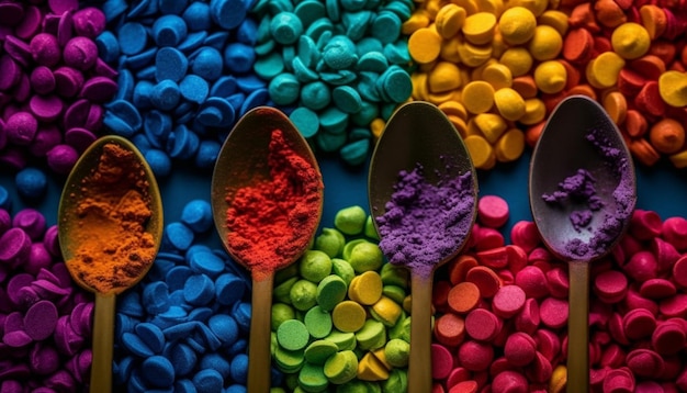 Variety of colorful pills and spices in a large collection generated by artificial intelligence