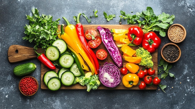 Photo variety of colorful vegetables by cutting board