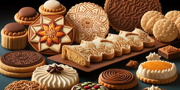 A variety of cookies are on a table