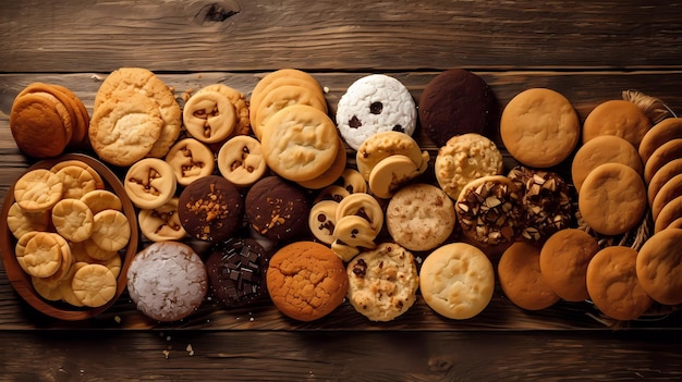 A variety of cookies on a wooden table