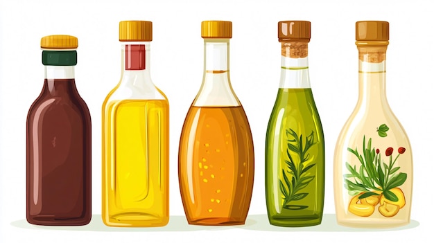 Photo variety of cooking oils bottles on white background