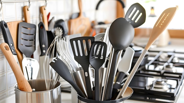 A variety of cooking utensils including spatulas whisks and ladles arranged on a kitchen island