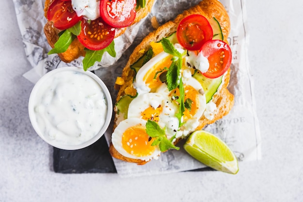 Variety of croissant sandwiches with tomato cucumber mozzarella eggs and avocado mint and arugula