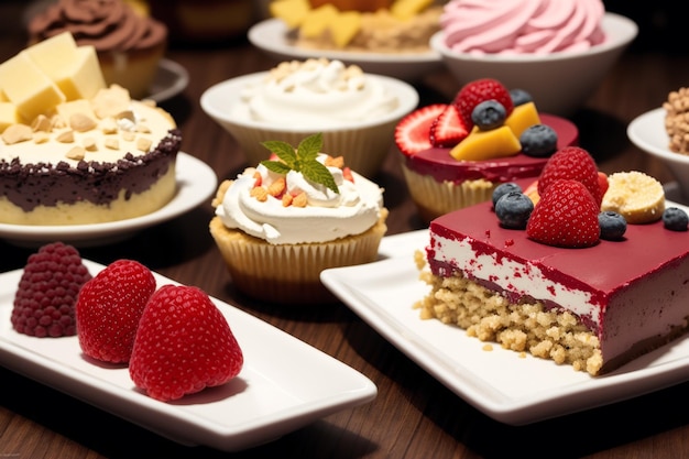 A variety of cupcakes are on a table.