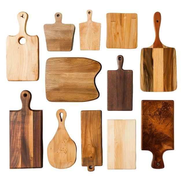 Photo variety of cutting boards in different shapes and sizes on white background