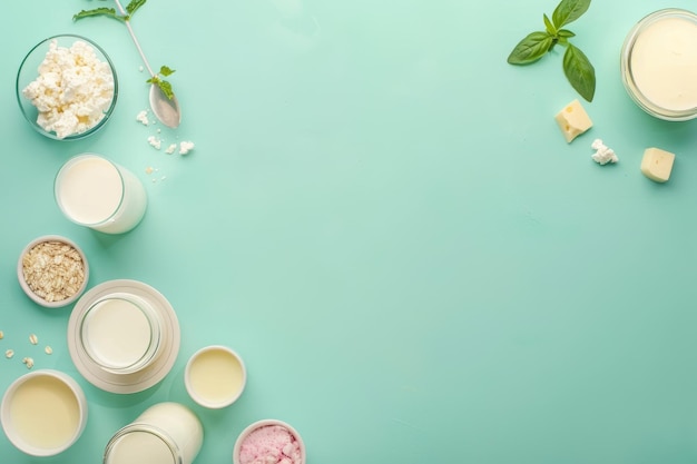 Variety of dairy products on pastel background copy space healthy nutrition concept