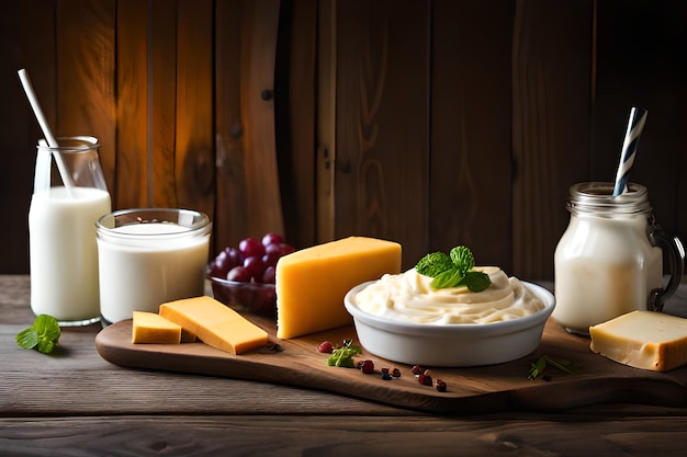 A variety of dairy products on a wooden table