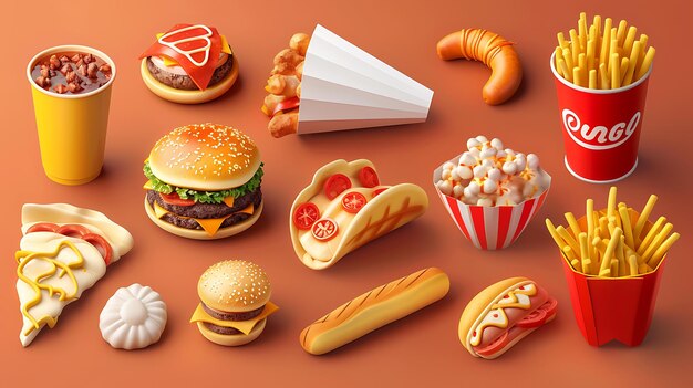 A variety of delicious fast food items are arranged on a solid brown background