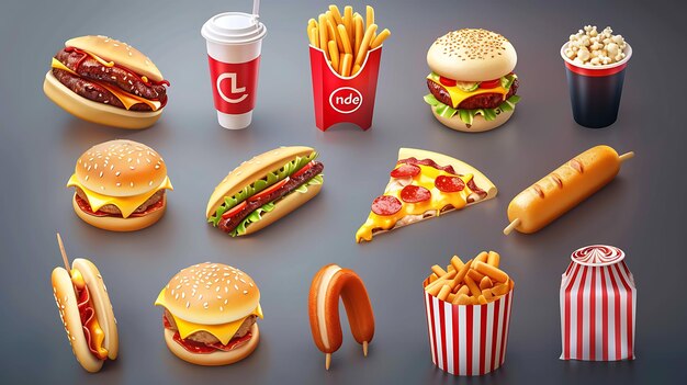 A variety of delicious fast food items are arranged on a solid gray background