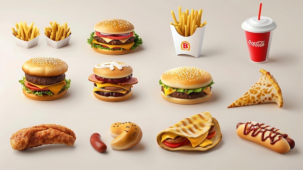 A variety of delicious fast food items are arranged on a table