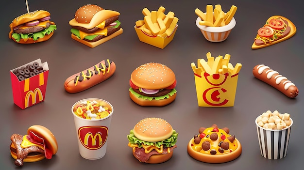 A variety of delicious fast food items are arranged together in a colorful and appetizing display