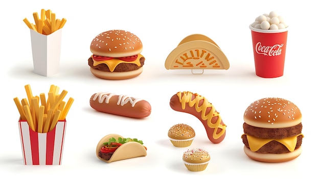 A variety of delicious fast food items are arranged on a white background