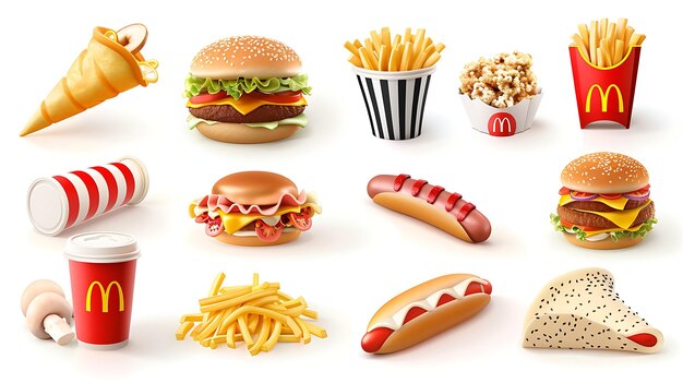 A variety of delicious fast food There are two hamburgers two hotdogs two orders of fries a soft drink and a dessert