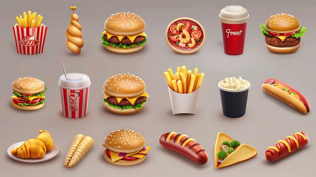 A variety of delicious food items are displayed in this image There are burgers hot dogs pizza fries and more