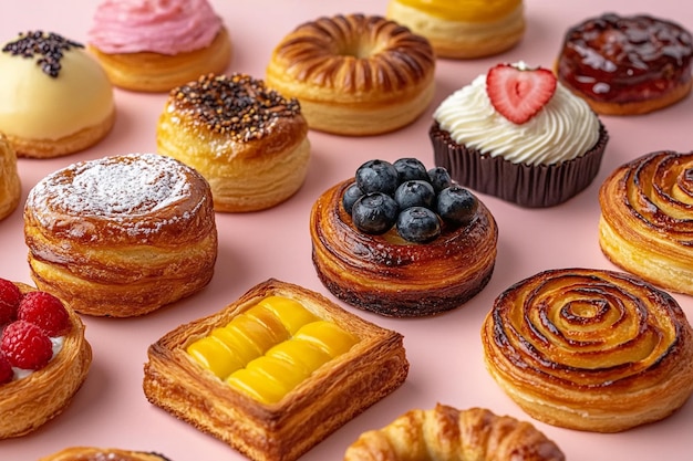 Variety of delicious freshly baked pastries on vibrant background