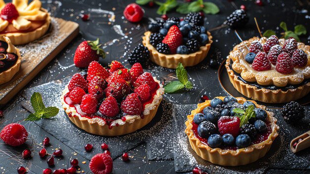 Photo a variety of delicious fruit tarts are arranged on a table the tarts are topped