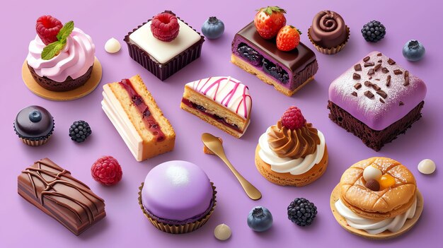 A variety of delicious pastries and desserts on a purple background